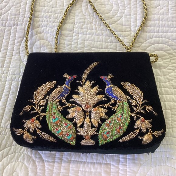 Vintage Zardozi Black Velvet Bag Clutch Gold Embroidery Double Peacock Design In - Picture 16 of 16